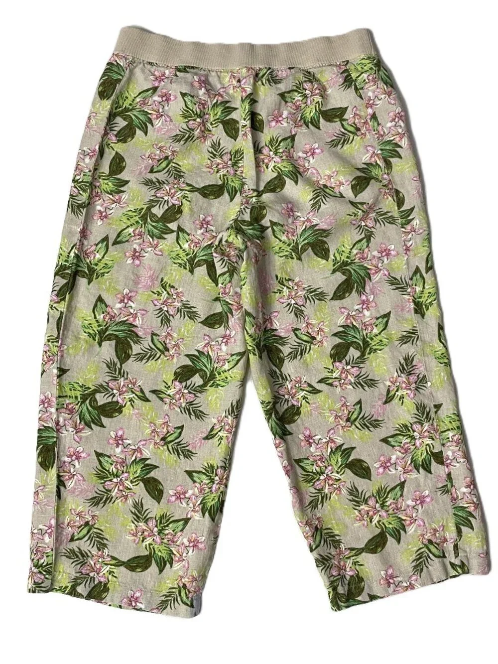 J. Jill Love Linen Cropped Capri Pants Medium Pull On Floral Tropical Pockets